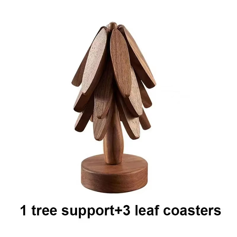 4PCS Wooden Trivets for Hot Dishes Folding Tree Shape Black Walnut Table Mat Holders Heat Insulated Pad Set Coasters for Pots